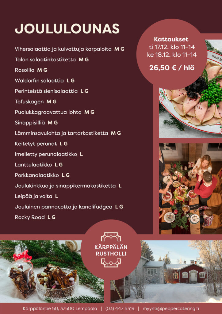 Kärppälän Rusthollin joululounaan menu, joulukinkku, ruokailevia ihmisiä